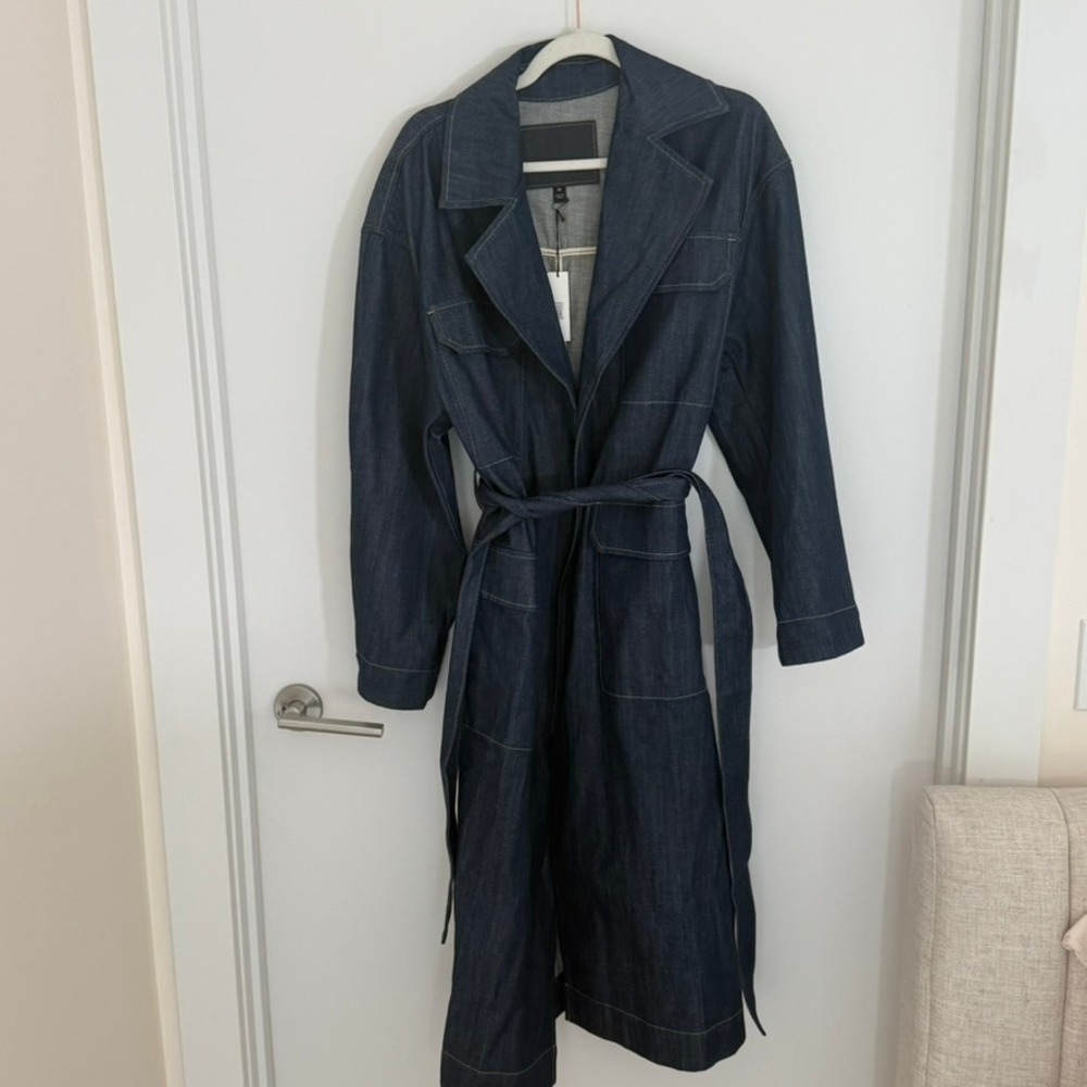 Banana Republic Denim Trench Coat Indigo Blue Belted Duster Medium Boho NWT - Picture 3 of 14